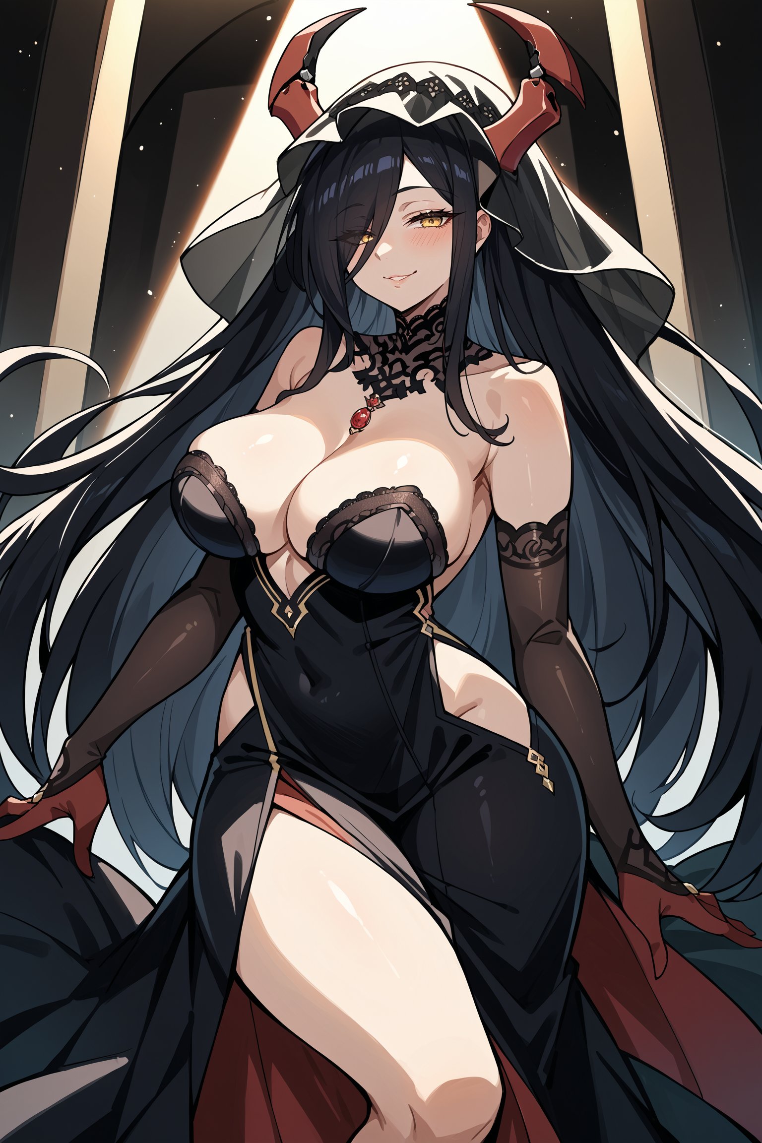 score_9, score_8_up, score_7_up, , rating_general ,1girl ,yellow eyes, hair over one eye, very long hair, black hair, red mechanical horns, black veil, detached collar, necklace, lace trim, sideless dress, long dress, black bridal gauntlets, hip vent, showgirl skirt, high heels,  indoors, source_anime, <lora:FriedrichDerGrossePDCAMEq4v1.1 AL:1>, cowboy shot, abstract, spotlight, naughty face,