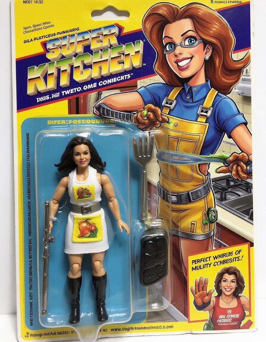 "Super Kitchen Mom" – A culinary superhero armed with a high-tech apron that stores gadgets for any kitchen emergency. She wields a super-powered spatula that can flip anything, from pancakes to villains, and her oven mitts can withstand any heat. The action figure comes packaged with a ral-afpacking label at the bottom-right corner. The background shows a fully equipped futuristic kitchen, with food flying through the air in a perfect whirlwind of multitasking.<lora:ral-afpacking-flux:1>