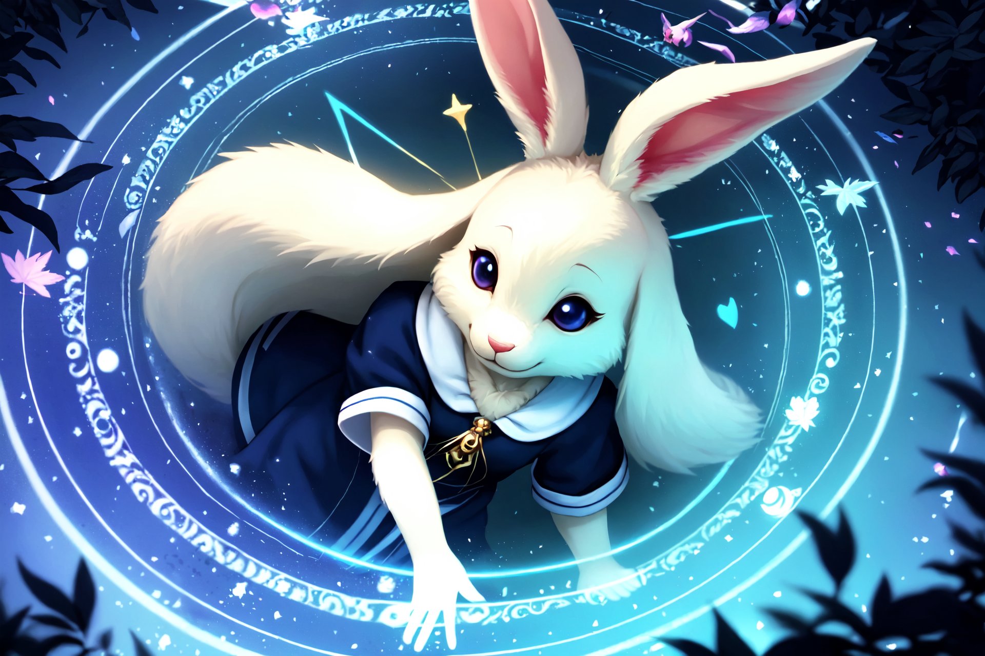 haru, furry female anthro, rabbit girl, white fur, petite, (body fur:1.2), detailed fluffy fur, smile, black eyes, (chibi:0.9), many rings, cute, adorable, (shirt),best quality, masterpiece, illustration, ultra-detailed, beautiful detailed eyes, (1girl:1.3),magician, enchanting spell, high-angle view, magical forest, otherworldly beauty, casting pose, invocation effects, soft and ethereal light, fantastical atmosphere, mystical creatures, empowering allies, enhancing abilities, elemental magic, swirling energy, pulsating aura, determination, support, vibrant colors, glowing runes, levitating, swirling leaves, teamwork, magical bonds, protective shield, guiding light, shimmering particles, enchanted surroundings, harmony with nature, hope, wisdom, ancient secrets, celestial beings, arcane knowledge, mystic symbols, spellcasting, elemental forces,([Very Dark], extreme contrast),vibrant colors, contrast,soft lighting, soft shadows, detailed textures, dynamic lighting,<lyco:haru-v1-locon:0.6>