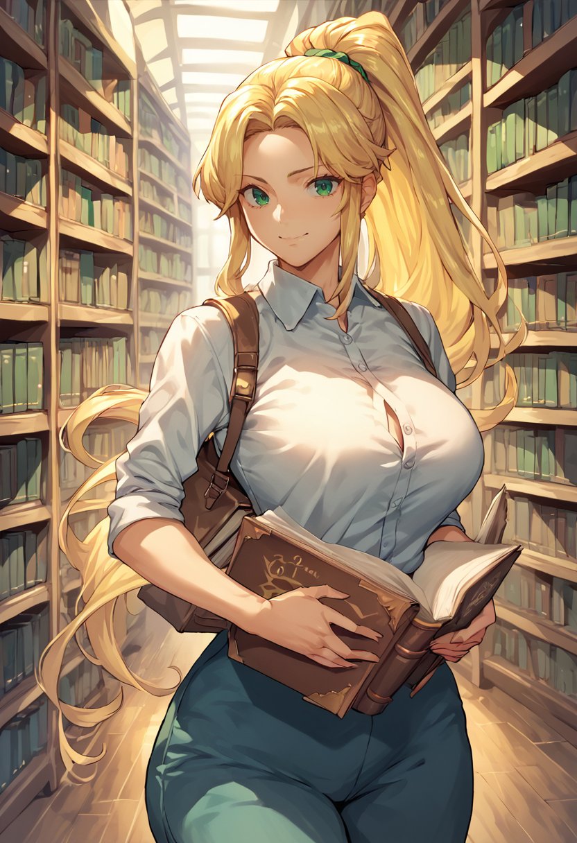 score_8_up, score_7_up, score_6_up,1girl, long hair, blonde hair, ponytail, green eyes, light smile, library, breasts, curvy, holding a book, looking at viewer, <lora:PulenKompot-Obui_Style-PonyXL:1> obui