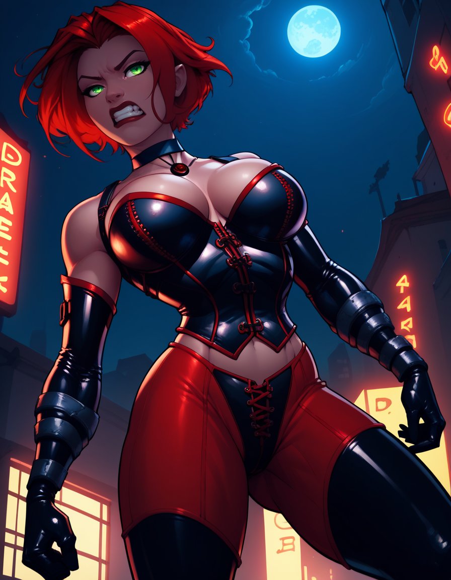 score_9, score_8_up, score_7_up,score_6_up, score_5_up, score_4_up , 1girl, solo, large breasts,RayneDG,red hair, green eyes, short hair, elbow gloves, jewelry, choker,  corset, bustier, latex legwear, clenched teeth, crawling, fighting stance,vampire, from below, city, night, neon lights, dim_lighting,    <lora:Rayne DG PXL v01:1>