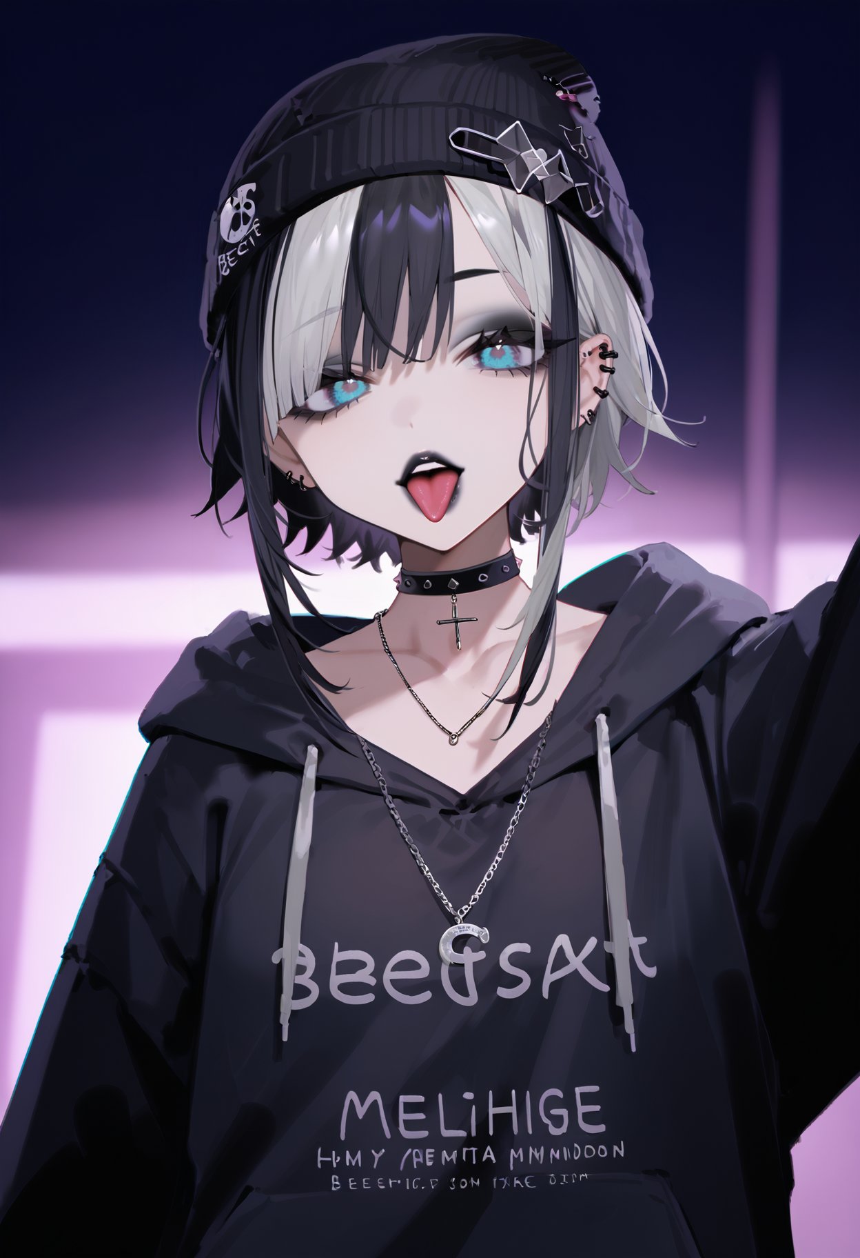 score_9, score_8_up, score_7_up, best quality, source_anime BREAK, BEBEstyle, (fisheye:1.2), selfie, 1girl, moody nighttime atmosphere, v, tongue out, oversized hoodie, beanie, piercing, oversized clothes, dark eyeshadow, eyeliner, dark lipstick, streaked hair, choker, necklace, punk, collarbone, from below BREAK rim lighting, (chromatic aberration:1.1), dark moody, low-light, Harajuku street, nightlife, <lora:BeBe:1>, 