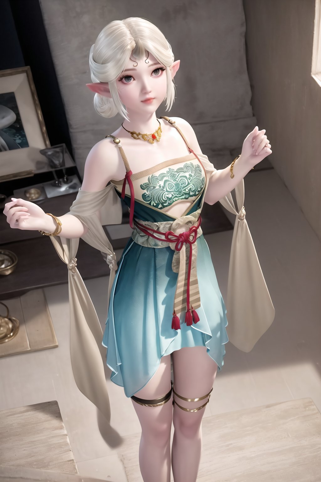 (8k, RAW photo, best quality, masterpiece:1.2),(realistic, photorealistic:1.3), ultra-detailed, extremely detailed cg 8k wallpaper,(crystalstexture skin:1.2), extremely delicate and beautiful, pointy_ears, 1girl, elf, solo, thigh_strap, jewelry, necklace, bare_shoulders, simple_background,(full shot), (breasts, medium breasts,  cleavage), looking_at_viewer, standing, full body, 