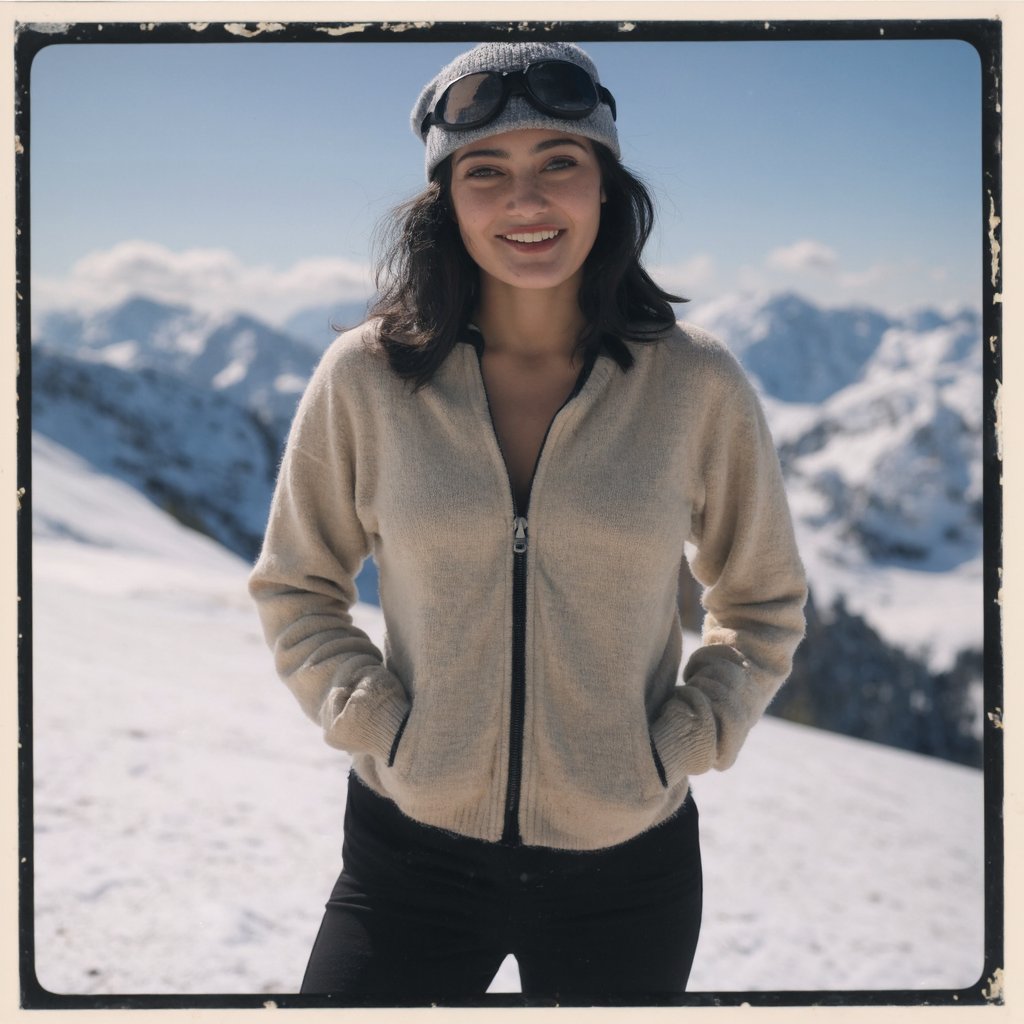 A polaroid photograph captures ella_purnell standing on a snowy mountain slope. She wears a beige sweater with a black zipper, black pants, and a gray beanie with a pair of black goggles. Her black hair is styled in loose waves, and she smiles broadly, showing her teeth. The background shows snow-covered mountains and a clear blue sky. The image has a vintage style, emphasizing the natural beauty and tranquility of the scene.