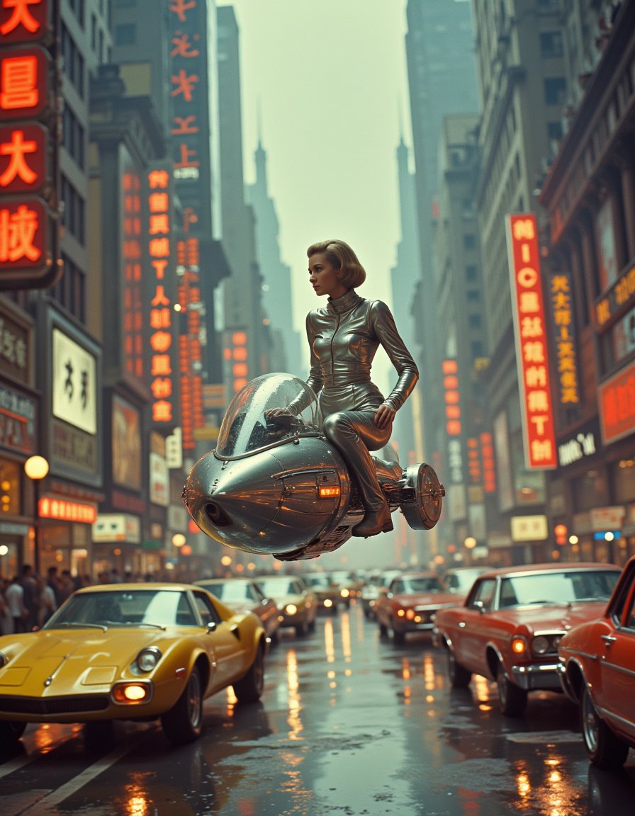 Vintage Sci-fi . Speeding through the crowded streets of a neon-lit futuristic city, a woman in a sleek, silver spacesuit rides a hoverbike, weaving between flying cars and towering skyscrapers <lora:Vintage_Sci-fi_Movie:0.7>