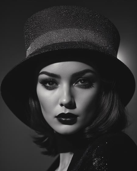 A dramatic noir scene ArsMovieStill, 50s Noir Movie Still, The image is a black and white portrait of a woman's face. She is wearing a large wide-brimmed hat that covers her head and extends to her forehead. The hat is black and appears to be made of a shiny material possibly fabric or a similar material. The woman's eyes are closed and her expression is peaceful and serene. She has long dark eyelashes and her lips are painted with a bold dark lipstick. The background is completely dark making the woman the focal point of the image. The lighting is dramatic highlighting her features and emphasizing her features.. <lora:50s_Noir_Movie:0.3>