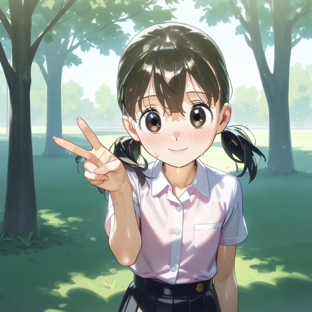 minamoto shizuka,1girl, solo,1girl, solo, v, twintails, black hair, skirt, double v, smile, outdoors, shirt, blue skirt, looking at viewer, black eyes, pleated skirt, short sleeves, pink shirt, blush, closed mouth, day, tree, collared shirt, short twintails, low twintails, upper body, grass,masterpiece, perfect face, best quality, beautiful girl, cute girl, beautiful eyes, shiny eyes, anime coloring, anime screencap, absurdres, outdoors,<lora:minamoto shizuka anim 928:1>