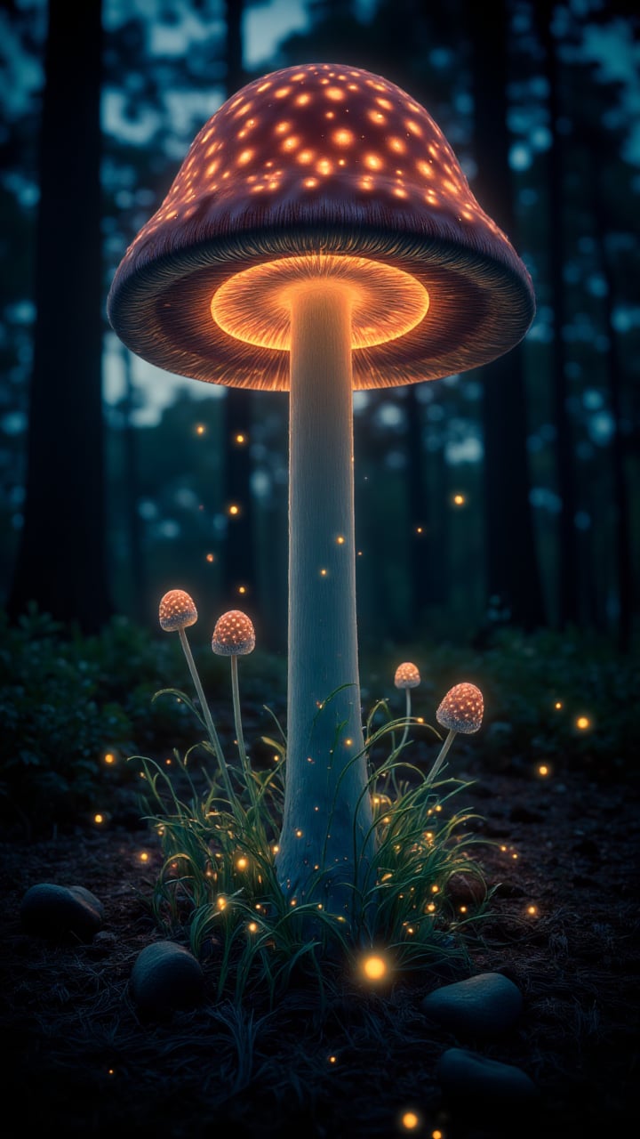 foto of a magic forrest with a HUGE mushroom  , aidmaglow