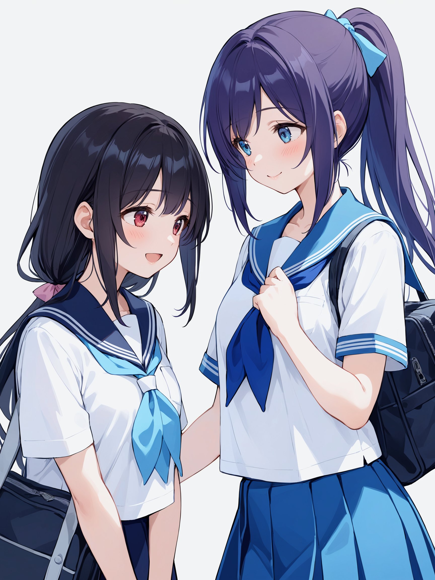 multiple_girls, 2girls, kasaki_nozomi, yoroizuka_mizore, kitauji_high_school_uniform, school_uniform, long_hair, sailor_collar, black_hair, blue_eyes, smile, blue_sailor_collar, blue_hair, serafuku, shirt, neckerchief, white_shirt, bag, open_mouth, ponytail, bangs, red_eyes, looking_at_another, short_sleeves, blush, closed_mouth, blue_neckerchief, school_bag