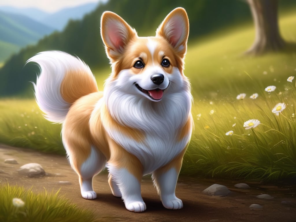 score_9,score_8_up,score_7_up,lots of small parts, ultra detailed,realism, realistic, Solo, fluffy corgi, large eyes, detailed eyes, detailed fur, fluffy, soft, adorable, the goodist of boys,happy, super cute, ultra-adorable, short grass, flowing hills, lots of hills, windy, love,