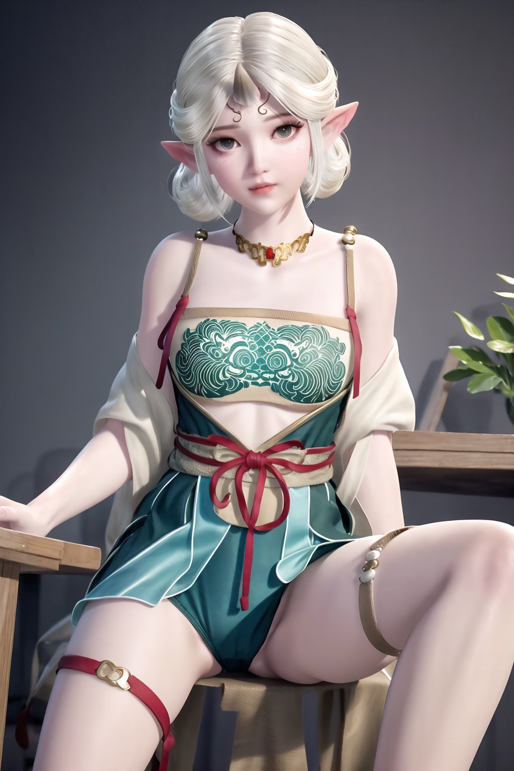 (8k, RAW photo, best quality, masterpiece:1.2),(realistic, photorealistic:1.3), ultra-detailed, extremely detailed cg 8k wallpaper,(crystalstexture skin:1.2), extremely delicate and beautiful, pointy_ears, 1girl, elf, solo, thigh_strap, jewelry, necklace, bare_shoulders, simple_background,(full shot), (breasts, medium breasts,  cleavage), looking_at_viewer, standing, spread legs,