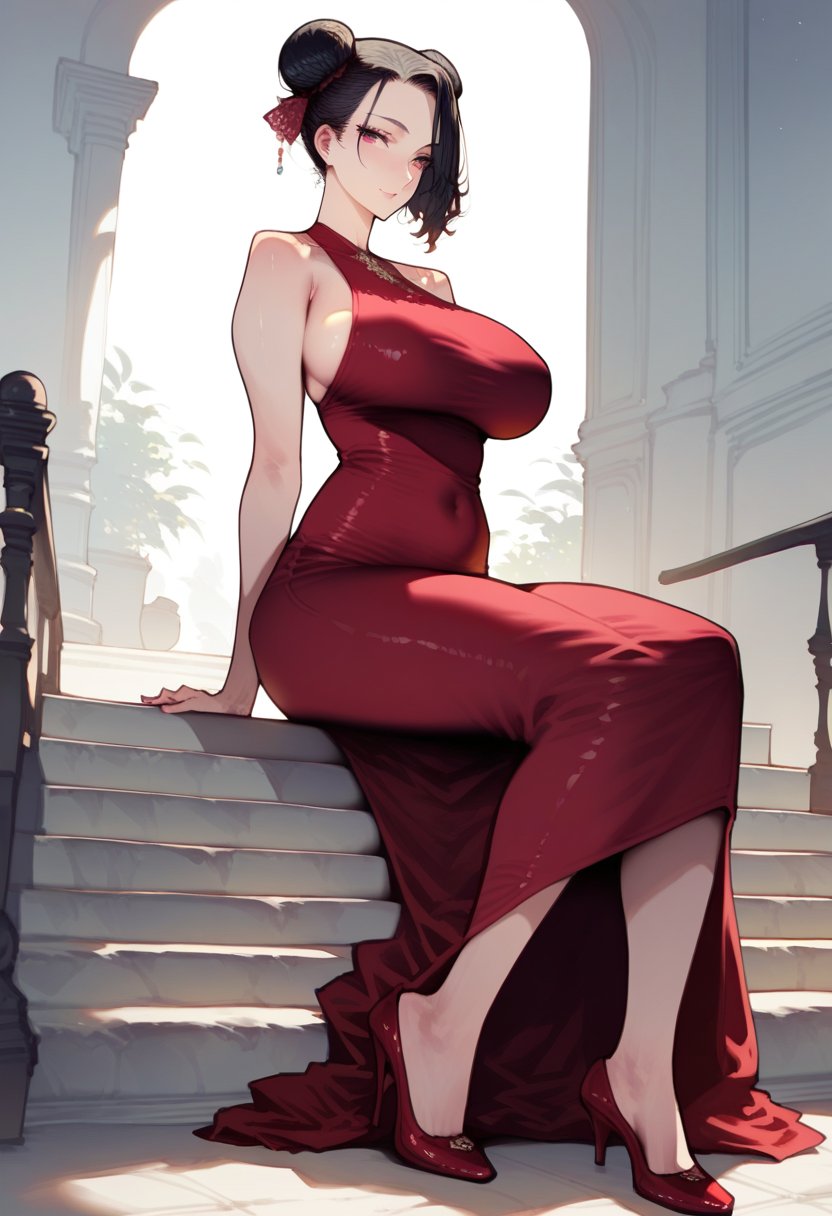 score_9, score_8_up, score_7_up, score_6_up, source_anime, <lora:WAW 0.2v:0.85>, WAW, curvy, curves, curvy body,1girl, solo, adult, sitting on stairs, cement stairs, red dress, short hair, hair buns, red shoes, flowing dress, black hair, space buns, leaning head on hand, long dress, knee long dress, looking at viewer, simple background, empty background, photoshoot,