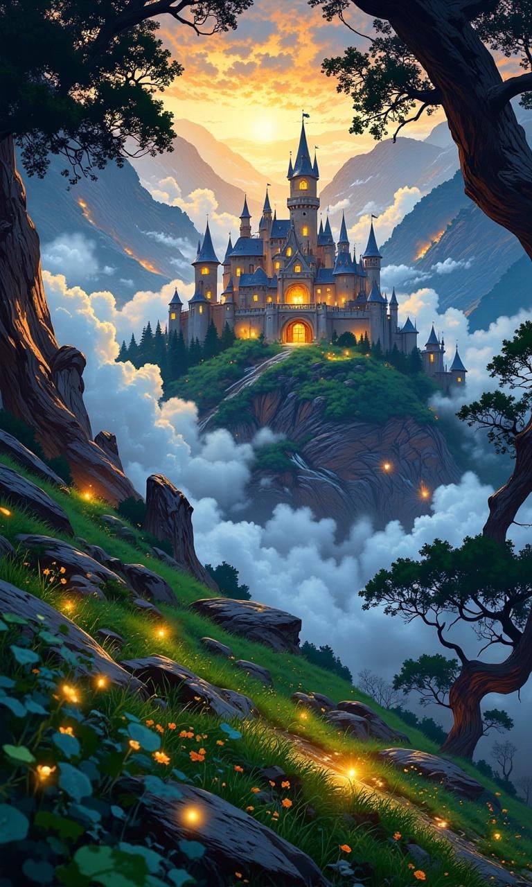 beautiful fantasy landscape poster featuring a majestic castle perched atop a misty mountain. The castle is illuminated by...