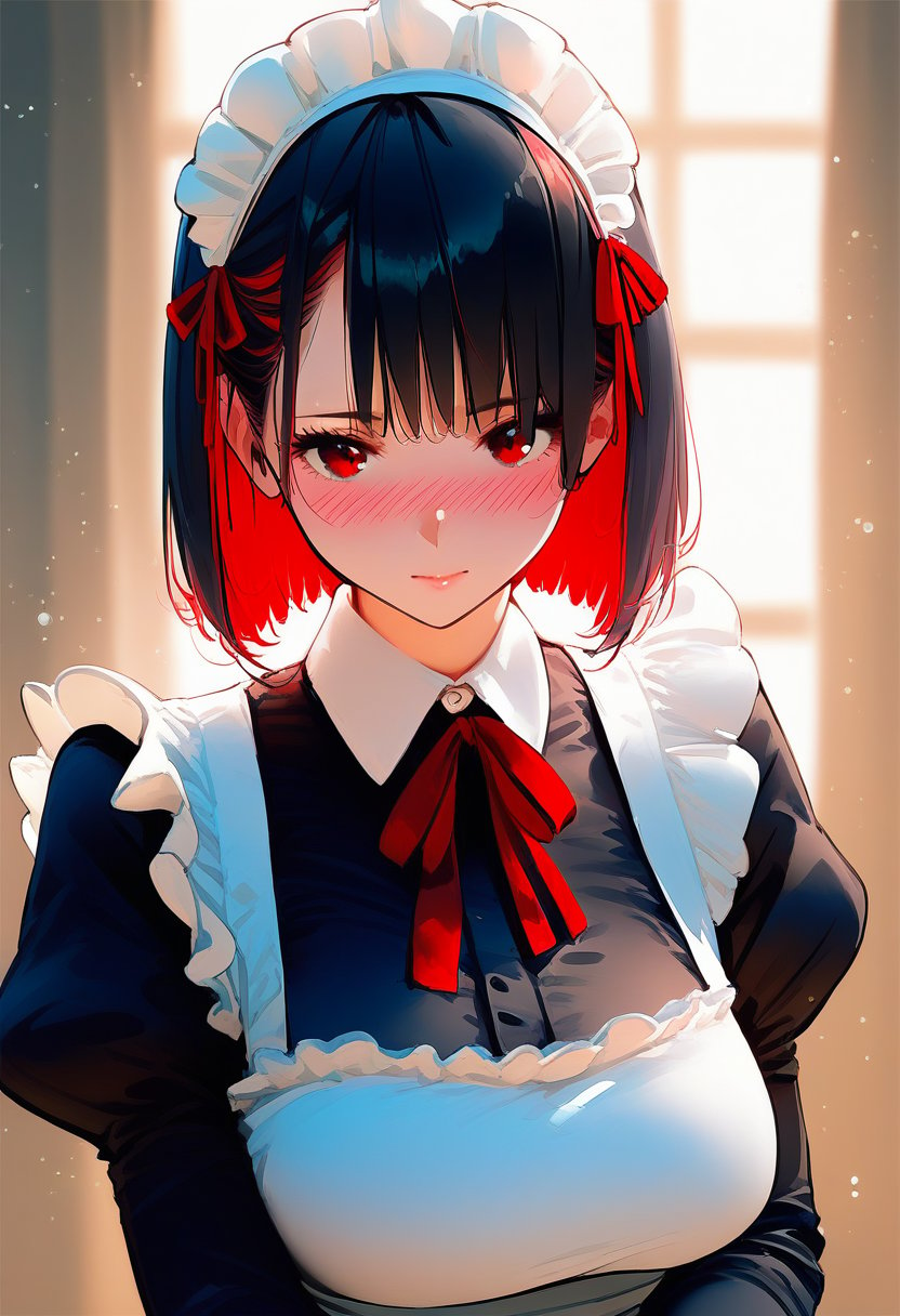 score_9, score_8_up, score_7_up, score_6_up, source_anime, <lora:AIU 0.6v:1>, AIU,  1girl, solo, long hair, mature female, milf, red eyes, maid, maid headdress, apron, black hair, red ribbon, ribbon, looking at viewer, upper body, colored inner hair, red hair, multicolored hair, long sleeves, closed mouth, short hair, puffy sleeves, bangs, dress, maid apron, blush, neck ribbon, black dress, juliet sleeves, white apron, two-tone hair, collared dress, hair ribbon, frills, bob cut, light particles, frilled apron, blurry