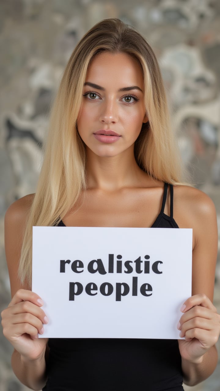 photograph, full body photo, a beautiful blonde super model holding up a sing with text:"realistic people", Canon eos 5d mark 4, Depth of field 100mm, lovely, symmetry, photography, aidmaRealisticPeoplePhotograph