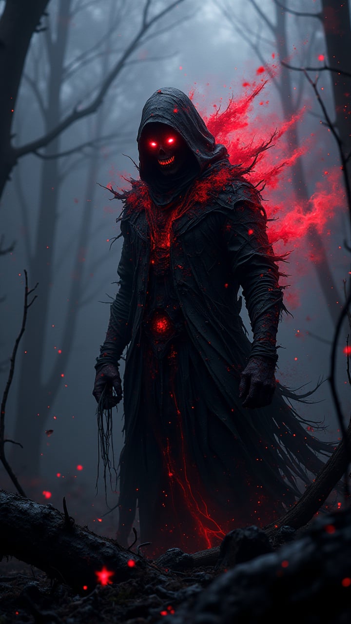 Digital art, In the center of a dark, abstract landscape, a vibrant and intricate digital artwork comes to life. The image depicts a stylized figure dressed in cyberpunk attire, with sharp teeth and glowing red eyes. at Midday, in focus, Ultrarealistic, atmospheric perspective, aidmaabdhr