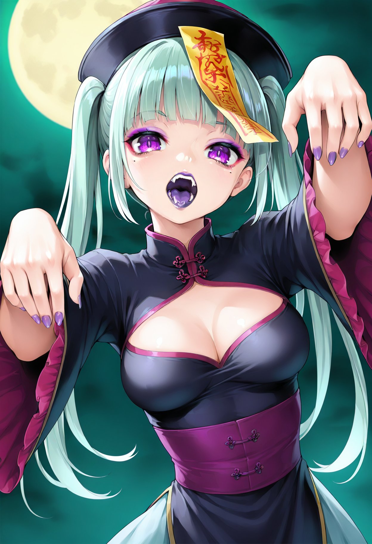 1girl, breasts, solo, open mouth, ofuda, cleavage, purple nails, hat, jiangshi, twintails, looking at viewer, cleavage cutout, purple tongue, mole, purple eyes, dress, zombie pose, black headwear, mole under eye, clothing cutout, fangs, outstretched arms, chinese clothes, teeth, upper body, long hair, green hair, long sleeves, talisman, qingdai guanmao, green background, black dress, nail polish, colored tongue, fingernails, makeup, moon, purple lips, eyeshadow, blunt bangs, aqua hair, frilled sleeves, tongue, wide sleeves, medium breasts