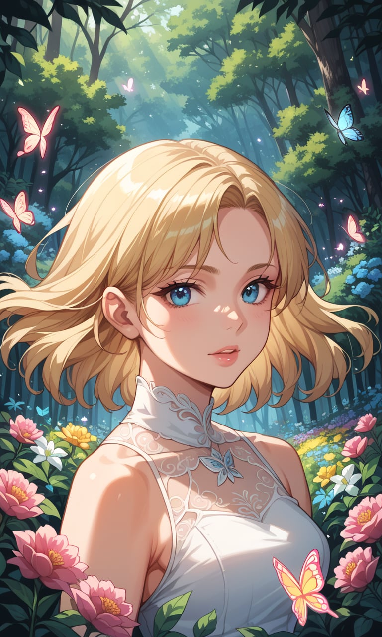 score_9, score_8_up, score_7_up, score_6_up, source_anime, (detailed face and eyes:1.2), BREAK, portrait, face focus, 1girl, solo, blonde hair, white dress, looking at viewer, beautiful blue eyes, ultra-detailed, floating, lights, flowers, colorful, garden, detailed colorful background, forest, butterfly