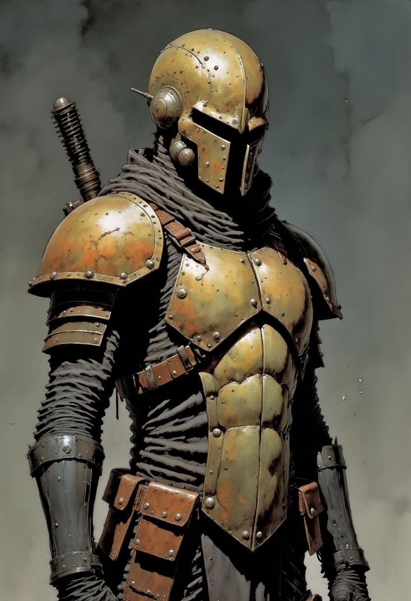 This image is a highly detailed digital painting depicting a futuristic warrior in a medieval-style armor. The warrior is standing in a dynamic pose, facing slightly to the right, with a determined expression. The armor is metallic, with a mix of bronze and gold hues, giving it a weathered, aged appearance. The helmet is bulky and features a visor that covers the face, with a cylindrical protrusion on the top that suggests advanced technology. The helmet's design is reminiscent of ancient Greek or Roman armor, but with modern, mechanical elements. The armor is well-constructed, with visible rivets and seams, indicating its durability and strength. The chest plate is prominently displayed, showcasing the warrior's muscular physique beneath. The shoulders are armored with large, protective plates, and the arms are covered with segmented armor that allows for flexibility. The warrior wears a dark, flowing scarf around their neck, adding a touch of mobility and protection. The background is a muted, dark gray with subtle splashes of lighter gray, creating a moody, industrial atmosphere. The image is highly detailed, with intricate textures and shadows that enhance the realism of the armor and the warrior's presence. The overall style is a blend of fantasy and science fiction, with a focus on the warrior's strength and readiness. Mangaka style. <lora:Mangaka_3012:1.0>