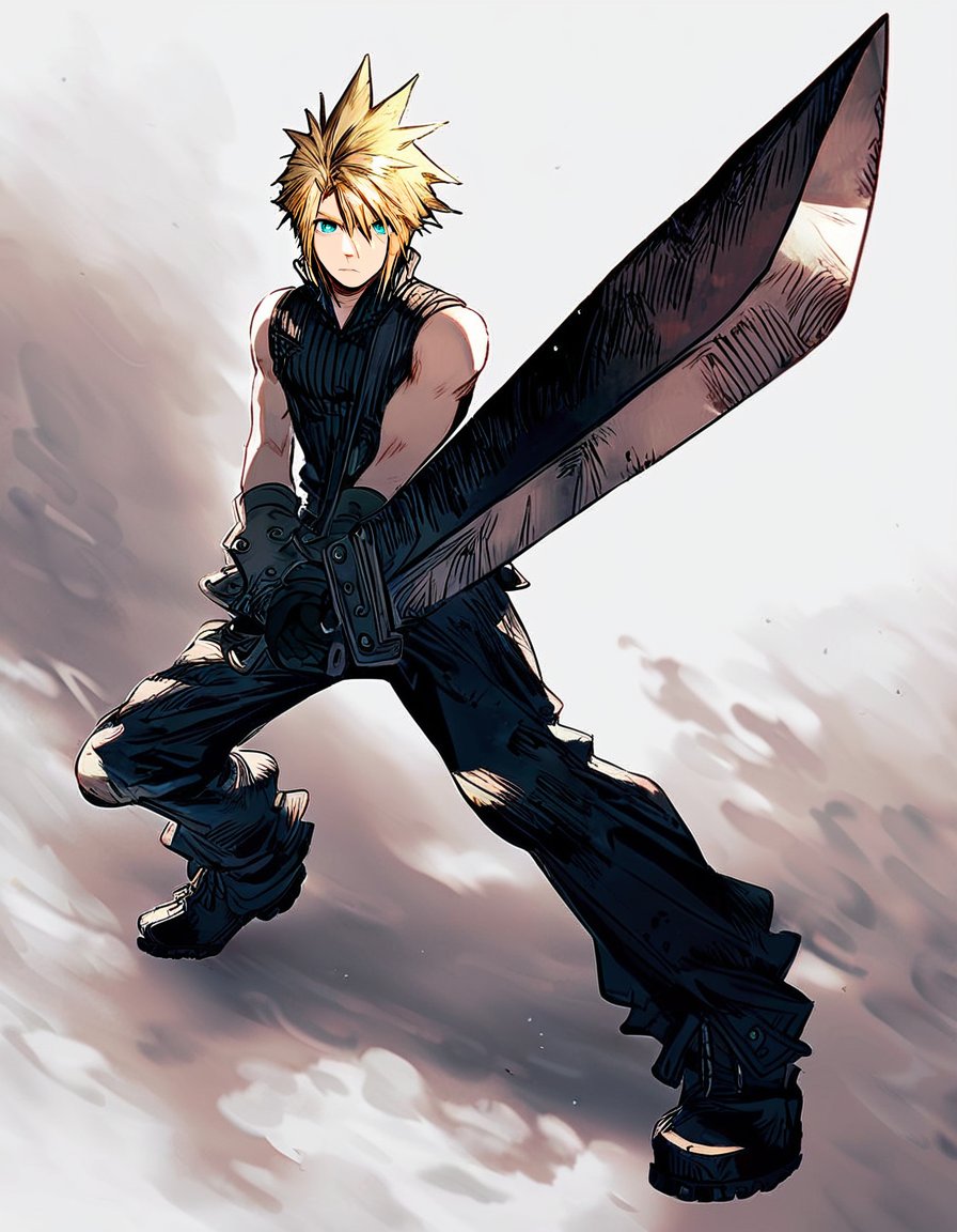 score_9, score_8_up, score_7_up,source_anime,two-handed,brave-perspective,solo,looking at viewer,short hair,blue eyes,blonde hair,simple background,shirt,gloves,1boy,white background,holding,hair between eyes,closed mouth,standing,full body,weapon,male focus,boots,sleeveless,black gloves,pants,sword,black footwear,holding weapon,armor,aqua eyes,black shirt,sleeveless shirt,holding sword,spiked hair,high collar,fighting stance,cloud strife, <lora:Brave_perspective:0.9>