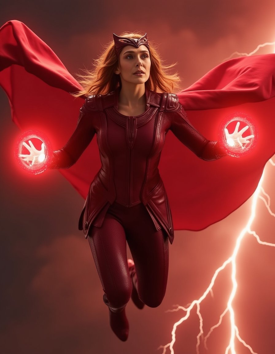 <lora:Elizabeth_Olsen_FLux:1>  Realistic photo of elizabetholsen dressed as the scarlet witch, leather armor and pants, flying in a the sky red storm clouds and lightning, red magic energy and symbols around hands