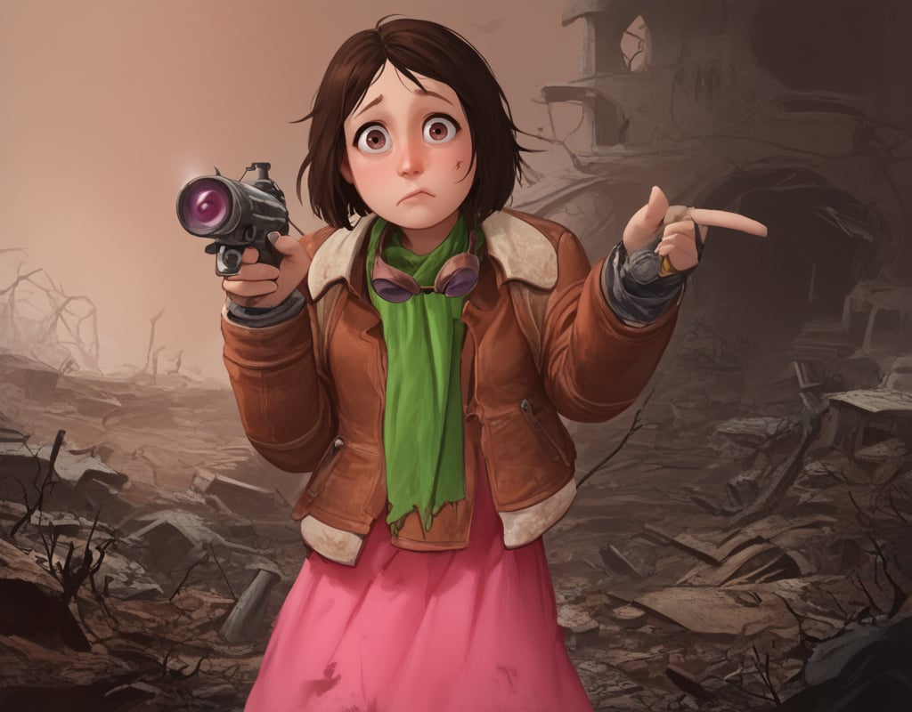 score_9, score_8_up, score_7_up, solo focus, Nat-Wright, Fallout4,  1girl, solo, brown hair, short hair, jacket, green scarf, pink skirt, goggles around neck, puffy eyes, round face, <lora:Fo4_Natalie_Nat_Wright:1> broken building, ruins, moss, flood, post-apocalypse, wide eyes, alert, holding, flashlight, aiming at viewer,  <lora:Hoshino:1>