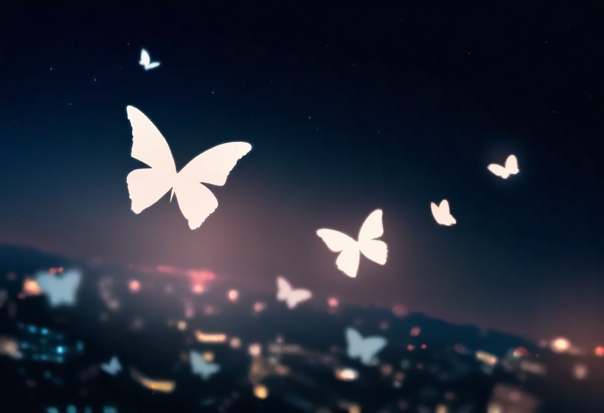 stylish,no humans,city light,black theme,dim lighting,high contrast,night sky,matserpiece,absurdres,depth of field,butterflies,extremely aesthetic,viloet theme,absurdres,wallpaper,panorama,