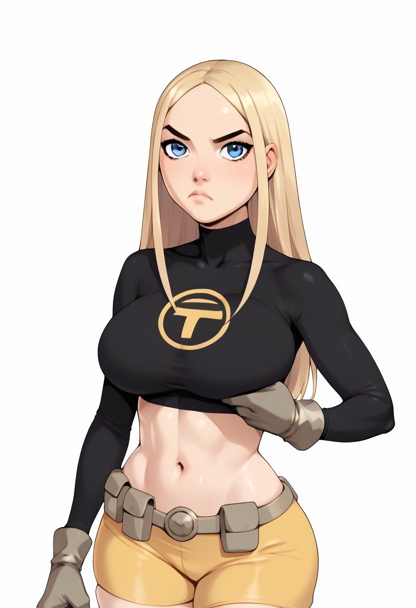 score_9, score_8_up, score_7_up, deep skin, shiny skin, skindentation, source_anime, ((realistic)), high quality, highres, (curvy), ((((wide hips)))),, thick thighs, cute, , sexy, huge breasts, TerraTT, TerraSDXL, 1girl, blonde hair, long hair, blue eyes, forehead, parted bangs, black shirt, long sleeves, turtleneck, midriff, navel, yellow shorts, biker shorts, brown belt, crop top, brown gloves, skintight shirt, solo, Pout