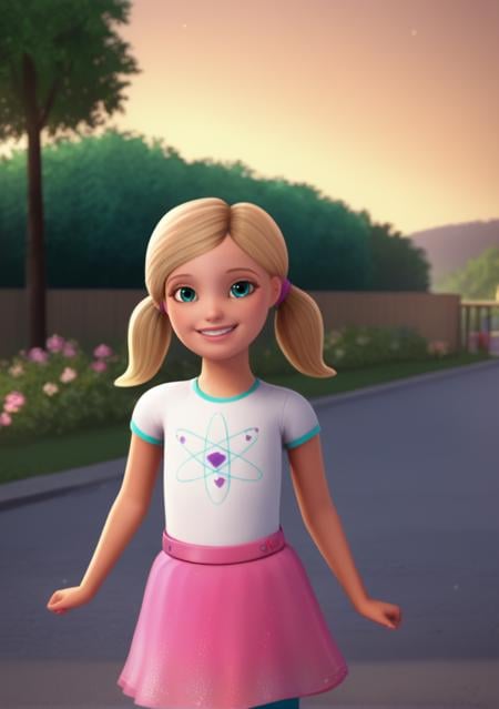 score_9, score_8_up, score_7_up, score_6_up, source_cartoon, 1girl, solo,chelsea_roberts, twintails, aqua eyes, blonde hair, white shirt, short sleeves, pink skirt, leggings, child, outdoors, dress, looking at viewer, smile, dynamic pose, volumetric lighting , cinematic , <lora:Chelsea_roberts:1><lora:hand 4:1>perfection, 