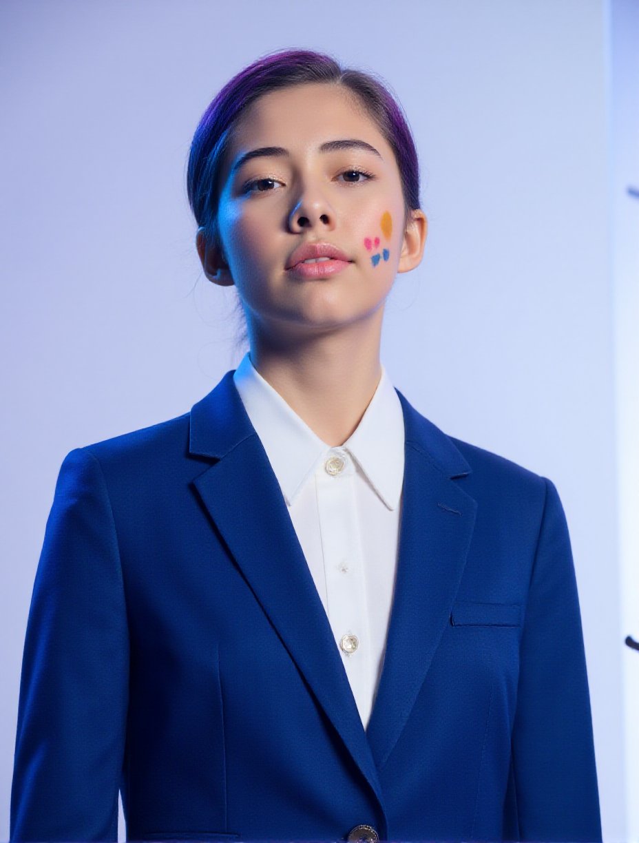 This is a high-resolution photograph of a young woman with a pale skin tone and short with closed mouth, dyed hair in a vibrant mix of purple and blue hues. Her hair is slicked back, exposing her face, which is adorned with striking makeup. The makeup features abstract, colorful patches in shades of yellow, pink, and blue, creating a whimsical and artistic appearance. The makeup extends from her forehead down to her jawline, blending seamlessly with her skin.She is wearing a classic deep blue suit, tailored to create a sharp, polished look. The jacket's clean lines are complemented by a crisp white shirt, adding a touch of freshness. The background features a soft gradient of blue and white, perfectly highlighting her makeup and hair color, creating a harmonious visual effect.The photograph is well-lit. The overall style of the image is artistic and avant-garde, emphasizing the interplay between the woman's natural features and the bold, abstract makeup. The photograph captures a blend of modern fashion and artistic expression, with a focus on creativity and individuality.,Xochitl Gomez,<lora:Xochitl_Gomez:1>