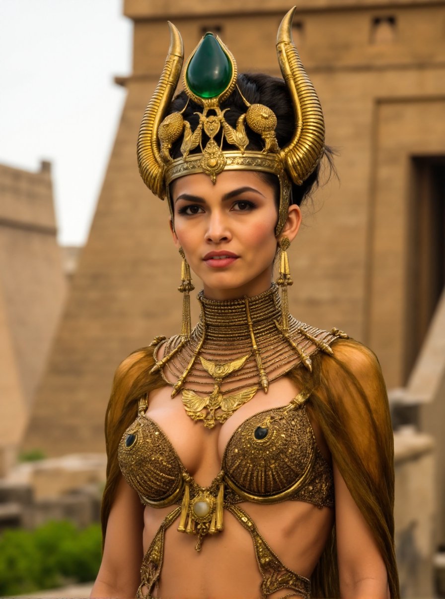 This is a high-resolution photograph of a woman with a dark complexion, dressed in elaborate ancient Egyptian attire. She is standing against a blurred, soft-focus background of what appears to be a temple or palace, with beige stone structures and hints of greenery. Her expression is composed and regal.The woman's head is adorned with an ornate, gold and bronze headdress that features intricate designs, including a large, green gem at the center. The headdress has a prominent, curved horn-like structure that extends from the back of her head, adding to the regal and mythical aura of her appearance. Her dark hair is styled in a sophisticated updo, with some loose strands framing her face.She is wearing a long, sheer, golden garment that reveals a patterned, darker undergarment beneath. Her necklace is a thick, layered piece with gold and bronze chains, interspersed with small, gemstone pendants. Her earrings are large, dangling, and also feature intricate designs, including small, round stones and metalwork.The overall color palette of the image is dominated by earthy tones of gold, bronze, and beige, with the green gemstone standing out prominently. The textures range from the smoothness of her skin to the intricate, detailed metalwork. <lora:Elodie_Yung_Flux_V1:0.8>