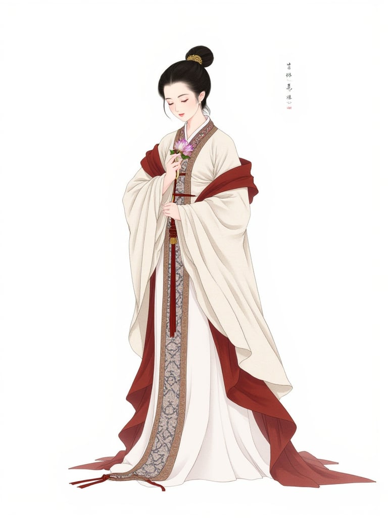 shinv,1girl, hanfu, flower, holding, solo, chinese clothes, black hair, long sleeves, holding flower, hair bun, full body, updo, closed eyes, single hair bun, wide sleeves, robe, standing, tassel, layered sleeves, chinese text, shawl,<lora:flux_国画_仕女图:1>