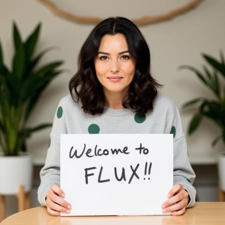 Instagram photo of a woman sitting at a table wearing a light grey sweatshirt with green polka-dots on it, holding a sign that has the writing "Welcome to FLUX!!" written on it. She is looking at the camera with a slight smile and in the background are some office plants on either side of her out of focus.  ,<lora:monbellucci_local_flux_1_standard-000038:1>