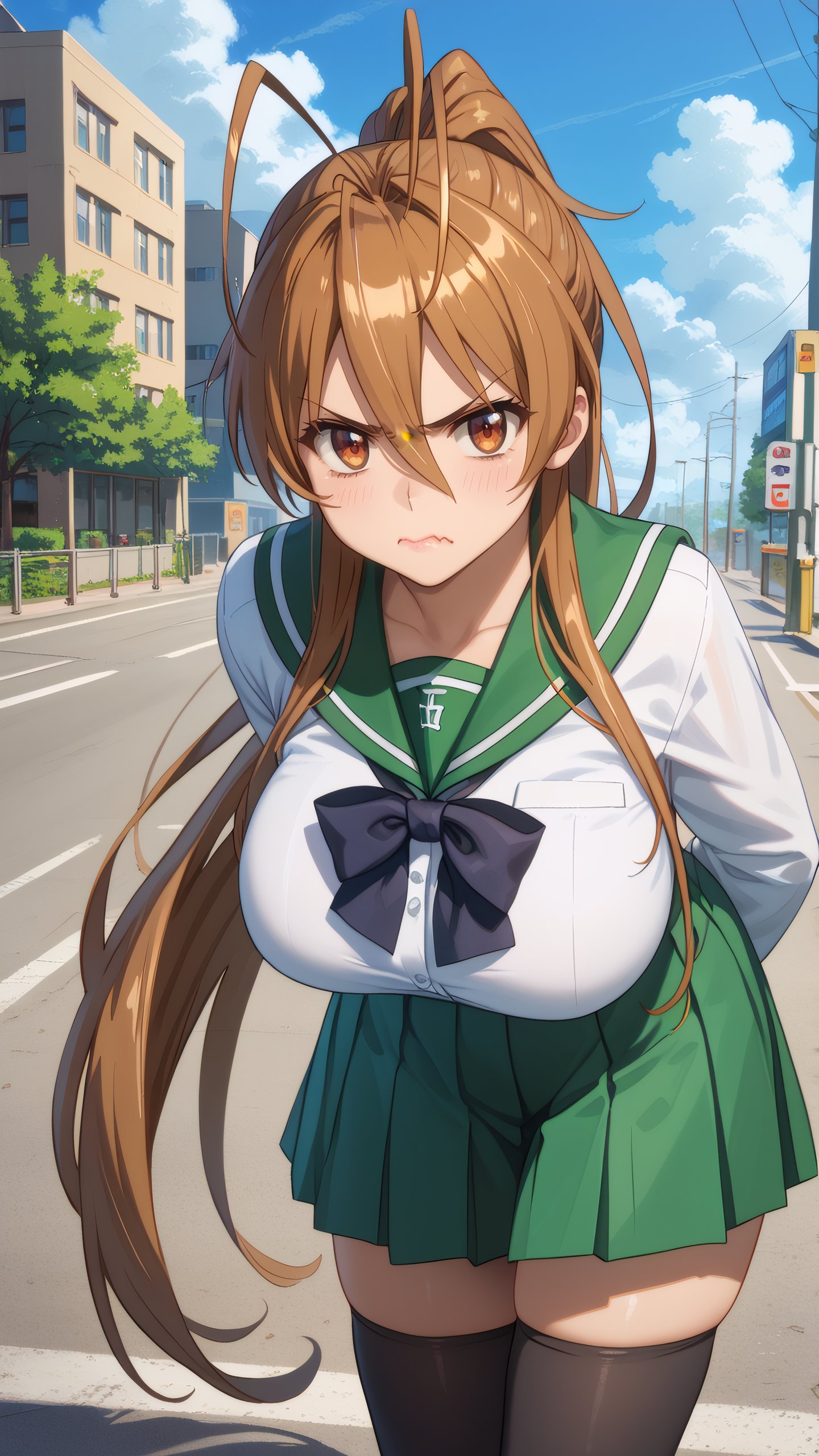 score_9, score_8_up, score_7_up, 1girl, looking at viewer, cowboy shot, <lora:Rei_Miyamoto_Dwnsty:0.8>, rei_miyamoto, brown hair, brown eyes, very long hair, antenna hair, hair between eyes, ponytail, school uniform, long sleeves,  green skirt, serafuku, black thighhighs, zettai ryouiki, black bow, mature female, large breasts, skindentation, lips, annoyed, angry, wavy mouth, arms at sides, clenched hands, leaning forward, outdoors, blue sky, street, highway, cloud, 