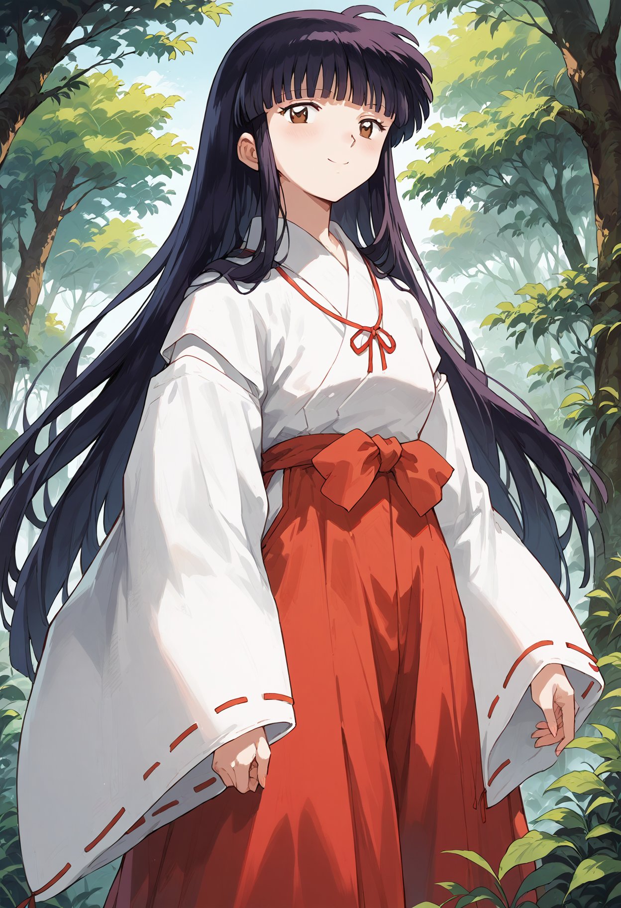 score_9, score_8_up, score_7_up, , score_ANIME, kikyoinu, 1girl, japanese clothes, miko, solo, black hair, brown eyes,, hime cut, wide sleeves, looking at viewer, red hakama, long sleeves, standing, blunt bangs, closed mouth, very long hair  <lora:kikyo_inuyasha_pony:1>  smile,   forest,  