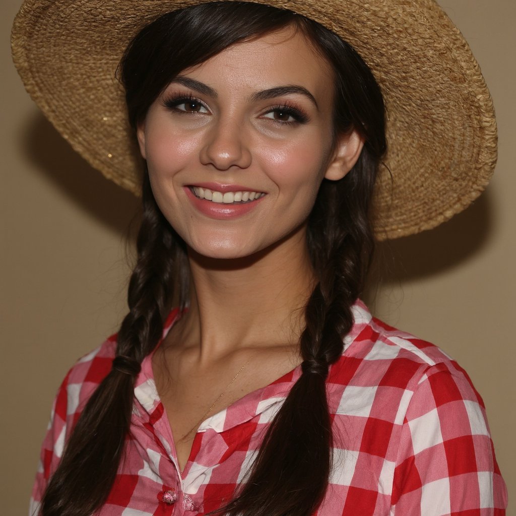 A portrait of victoria_justice,  captured in a side profile. She wears a wide-brimmed straw hat and a red and white checke...