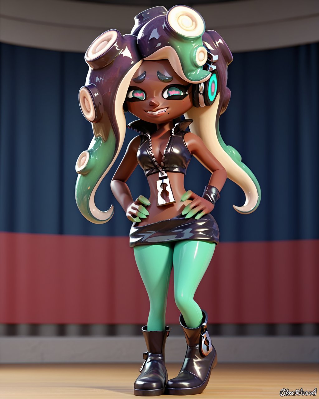 score_9, score_8_up, score_7_up, 1girl, solo, Marina, dark skin, tentacle hair, pink pupils, cephalapod eyes, mole, wide hips, hands on hips, smile, headphones, crop top, leather jacket, sleeveless, zipper pull tab, green pantyhose, boots, 3D, zPDXL3, dynamic angle, indoors, concert, <lora:Marina_PDXL:1> 