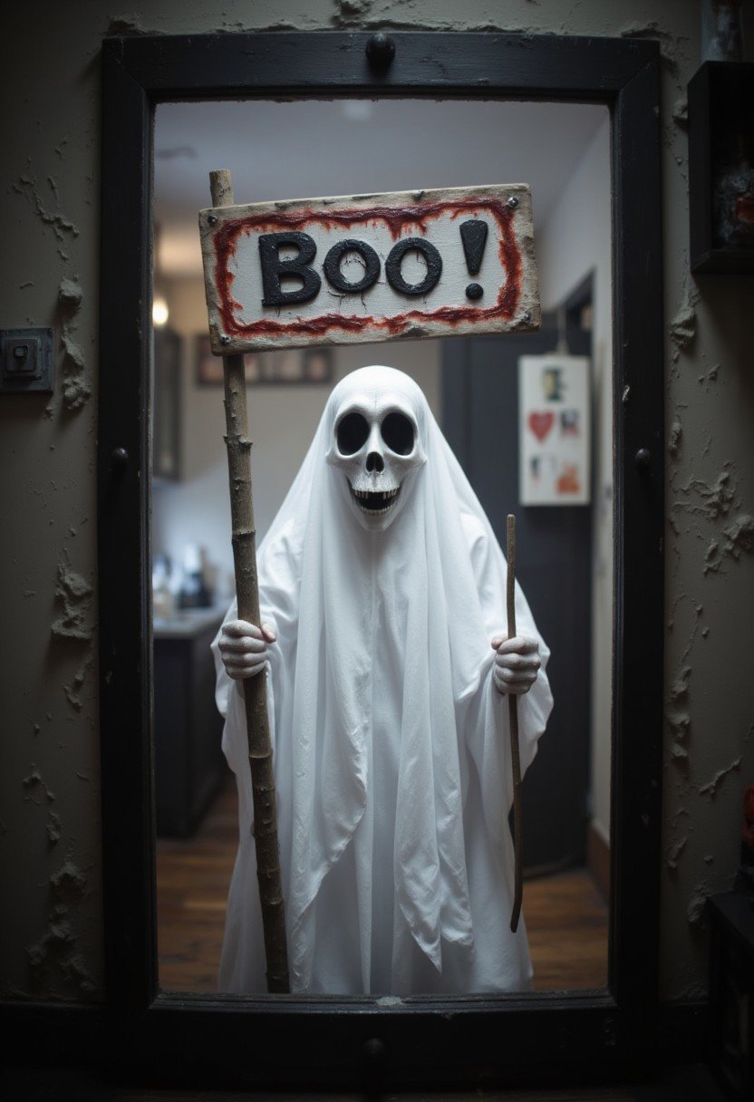 A friendly ghost holding up a sign that says "Boo!" in a funny Halloween meme., aidmaHalloweenBoost, aidmaHyperrealism, aidmaimageupgrader, aidmaabdhr, aidmafluxpro1.1