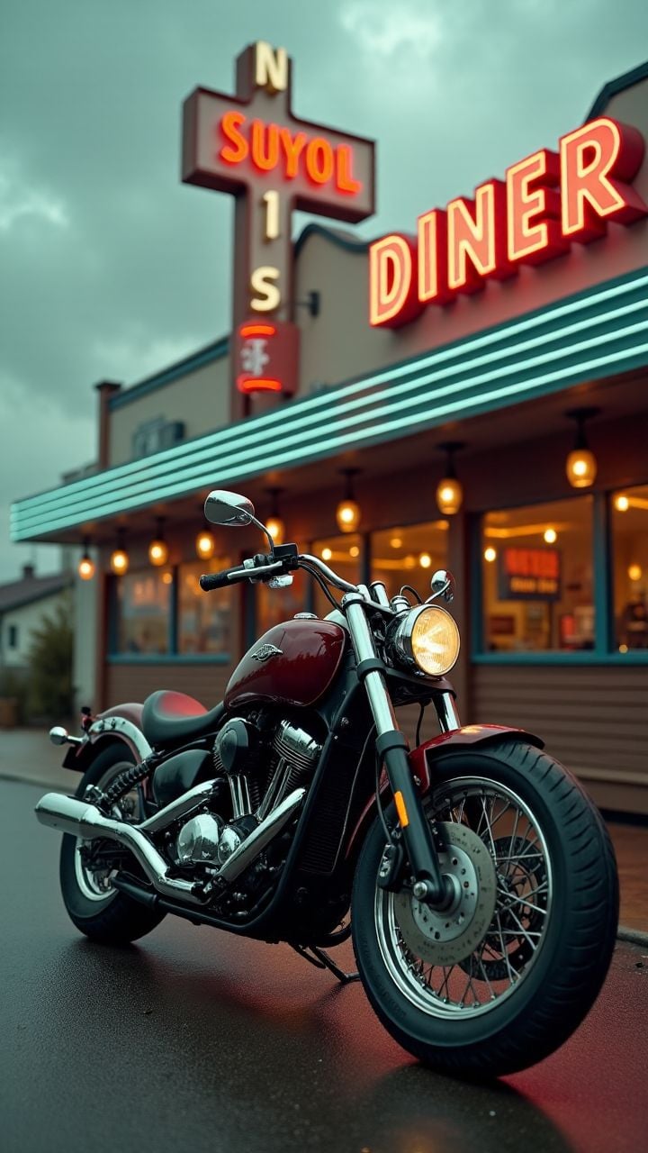 A vintage motorcycle parked in front of an old diner, with a neon sign flickering and a cloudy sky above. , <lora:aidmaImageUpgrader:0.25> aidmaimageupgrader , <lora:aidmaHyperRealismV0.2:0.7> aidmahyperrealism