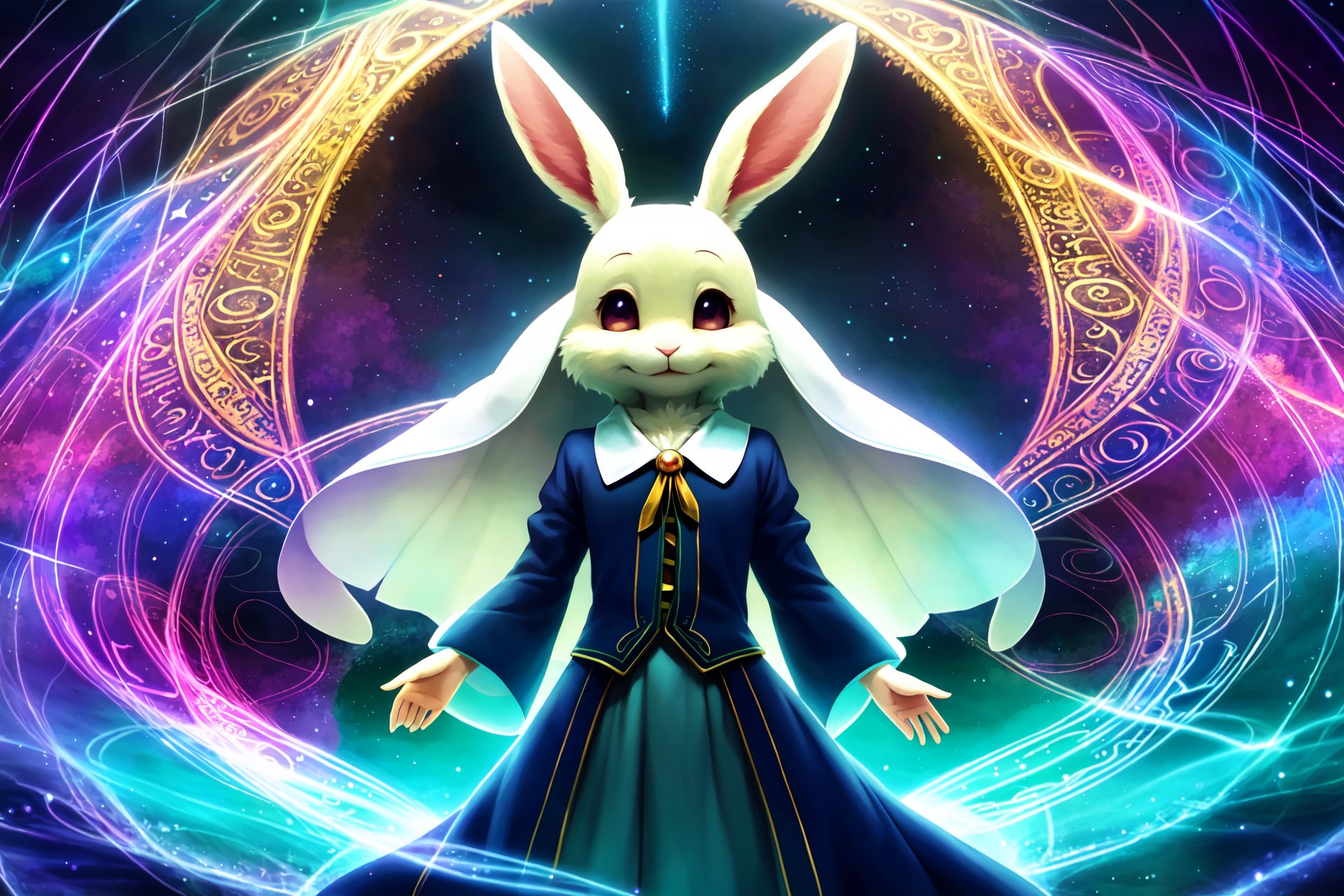 haru, furry female anthro, rabbit girl, white fur, petite, (body fur:1.2), detailed fluffy fur, smile, black eyes, (chibi:0.9), many rings, cute, adorable, (shirt),best quality, masterpiece, illustration, ultra-detailed, beautiful detailed eyes, (1girl:1.3),magician, enchanting spell, high-angle view, magical forest, otherworldly beauty, casting pose, invocation effects, soft and ethereal light, fantastical atmosphere, mystical creatures, empowering allies, enhancing abilities, elemental magic, swirling energy, pulsating aura, determination, support, vibrant colors, glowing runes, levitating, swirling leaves, teamwork, magical bonds, protective shield, guiding light, shimmering particles, enchanted surroundings, harmony with nature, hope, wisdom, ancient secrets, celestial beings, arcane knowledge, mystic symbols, spellcasting, elemental forces,([Very Dark], extreme contrast),vibrant colors, contrast,soft lighting, soft shadows, detailed textures, dynamic lighting,<lyco:haru-v1-locon:0.6>