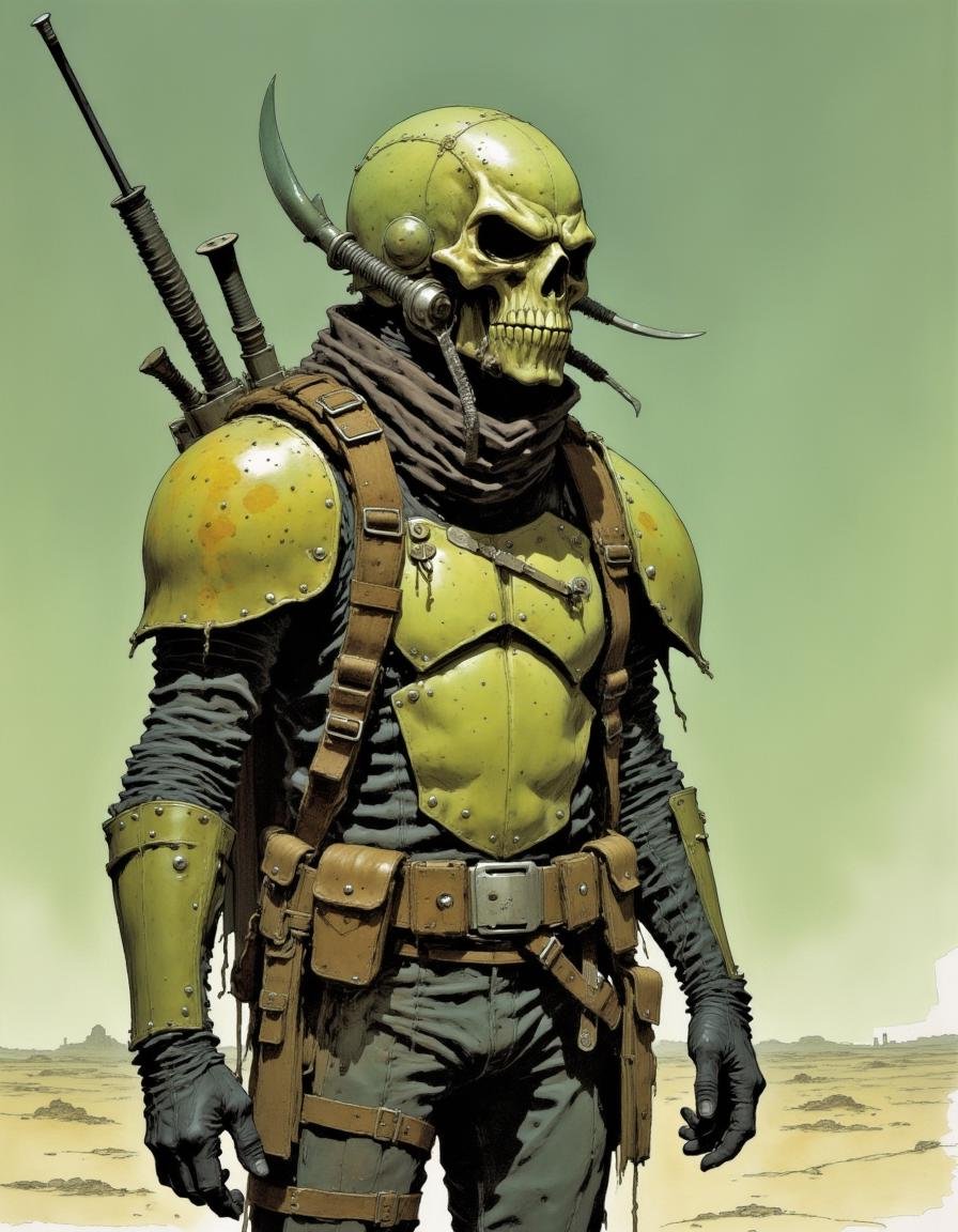 This is a digital drawing in a gritty, dark fantasy style, depicting a lone warrior standing in a desolate, muted landscape. The warrior is a man wearing a full-body armor that appears to be a mix of leather and metal plates, painted in shades of olive and mustard yellow. The armor is heavily worn, with visible scuffs and dents, suggesting years of use. He wears a dark, tattered scarf wrapped around his neck, adding to the rugged, battle-worn appearance. His helmet is a skeletal skull mask, painted a pale greenish hue, with two long, curved blades protruding from the sides. The mask has a menacing, hollow-eyed expression, enhancing the warrior's intimidating presence. The warrior's gloves are black, matching his belt and pants, which are also dark and torn, showing signs of use and dirt. His backpack, strapped across his shoulders, is a mess of straps and pouches, holding various weapons and supplies. The background is a gradient of muted greens and browns, suggesting a desert or post-apocalyptic landscape. The overall color palette is earthy and weathered, emphasizing the character's toughness and resilience. The image is detailed with intricate textures and shading, capturing the harsh reality of the warrior's world. Mangaka style <lora:Mangaka_3012-000009:1.0>