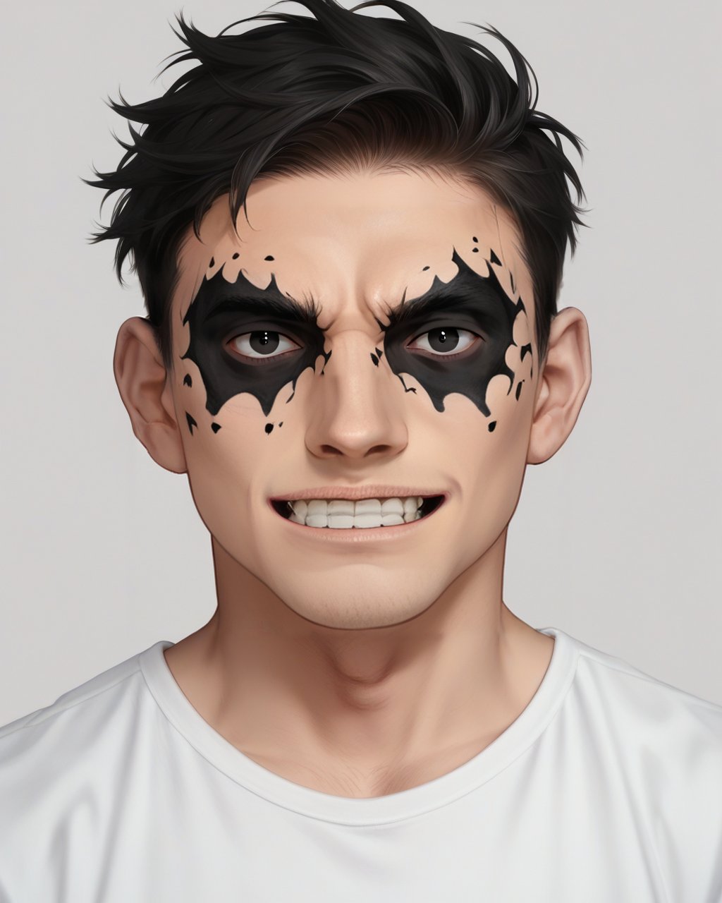 score_9_up, score_8_up, score_7_up, halloween makeup, male focus, solo, looking at viewer, teeth, shirt, simple background, male, black short hair, black eyes,  <lora:NeoNi_HMUP:0.8>,  <lora:Malbonte pony:0.8> malbonte