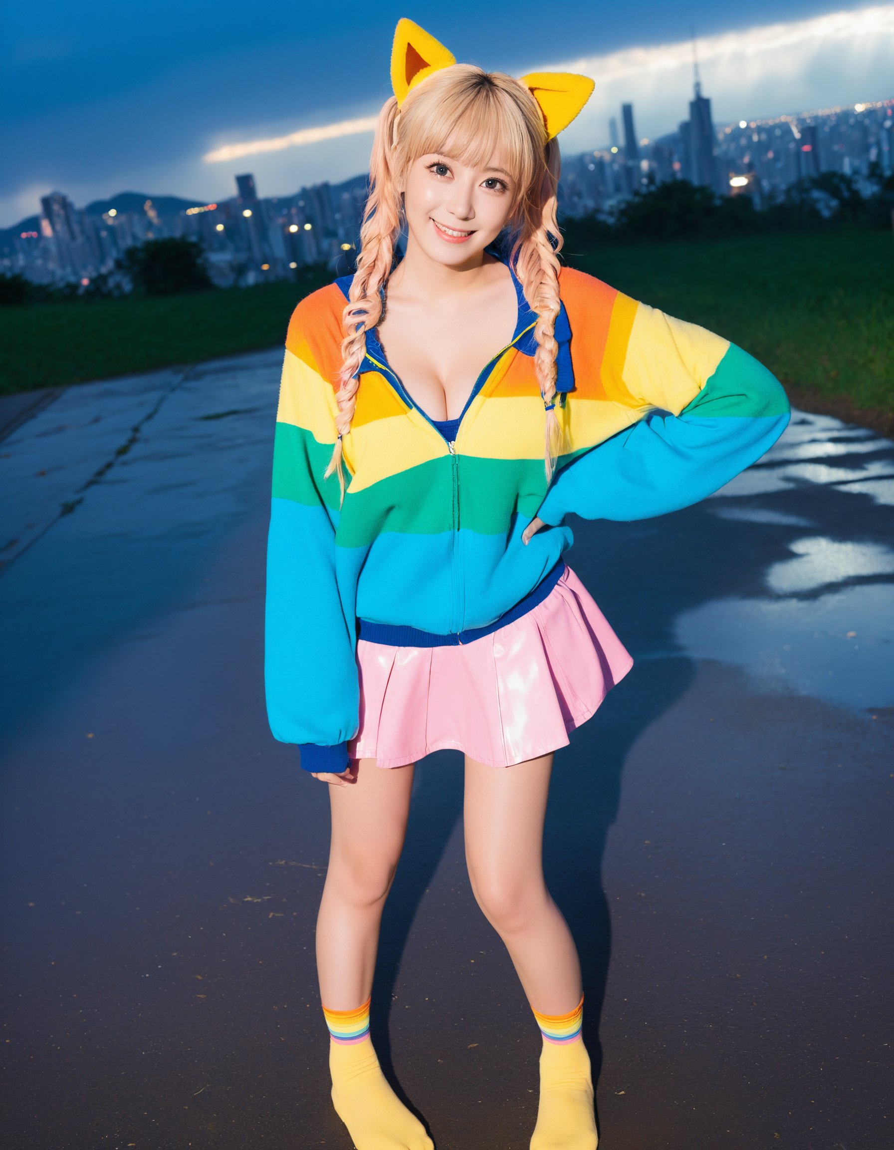 In a captivating 8K photograph, photo of a J-POP with a charming  is dressed in a stylish [[yellow|indigo:0.3] sweatshirt and [black|vermilion:0.7] fur-trimmed_skirt|[purple|turquoise:0.3] latex dress|[blonde|pink:0.3] pumpkin costume|[aqua|yellow:0.3] wool suit]. She has Exquisite delicate crystal clear skin and tiny with deep cleavage. She has a stunningly symmetrical and strikingly beautiful smirk face with a nose blush, large captivating eyes, She completes her outfit with [pink|amber:0.3] socks and [aqua|yellow:0.3] bare feet. Her very long hair vibrant multicolor hair is pulled up into a romantic waves. The scene is set at an outside, city[::1],[snowing|rainbow|night|rain|cloudy sky|clear sky|sunny]. The woman is pussy focus,standing on one leg,hand on hip and finds viewer to pose,  showcasing her full figure. The atmosphere is serene, with the warm sunlight casting soft shadows and enhancing the overall balance between youthfulness and cultural heritage in the composition.