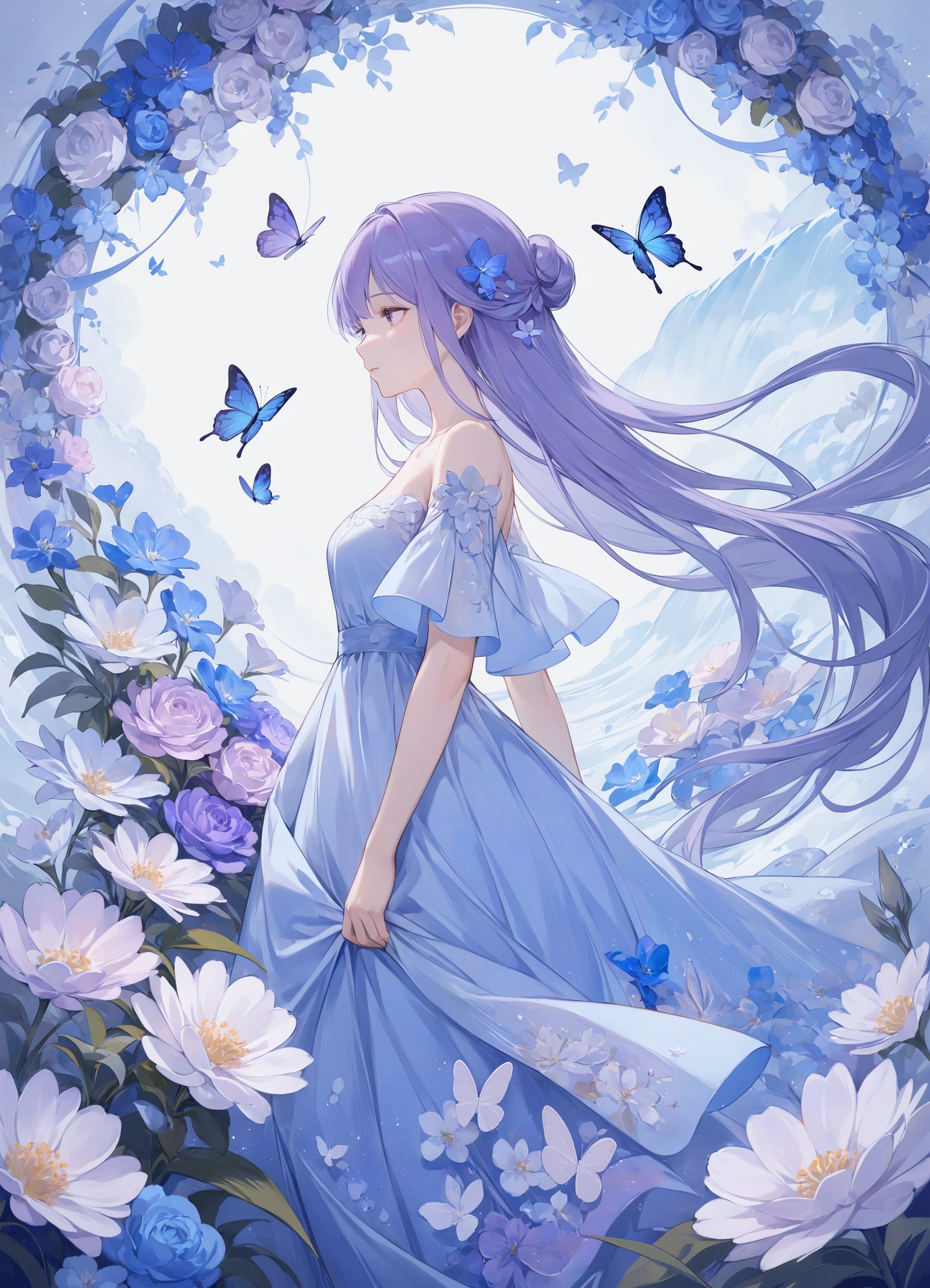 ((upper body)),The painting shows a woman in a light blue dress amid a dreamlike sea of flowers. Women's hair is light purple, with long flowing hair decorated with blue flowers that echo the dress. Her skirt is light and graceful, and the skirt is also painted with blue flowers, and the overall posture is very elegant, as if she is quietly enjoying the beautiful scenery around her. In the background is a sea of blue and purple flowers in a variety of shapes, some like butterflies, some like stars, adding a magical atmosphere. The color of the whole picture is harmoniously matched, with blue and purple as the main tones, creating a dreamy and romantic feeling, while giving people a quiet and comfortable visual experience. In composition, the picture is very balanced, the female subject is located in the center of the picture, and the surrounding sea of flowers spreads around it, forming a natural sense of hierarchy. In content, the painting is full of imagination and poetry, which may imply the artist's love for natural beauty and life, or a profound expression of certain emotions and themes.