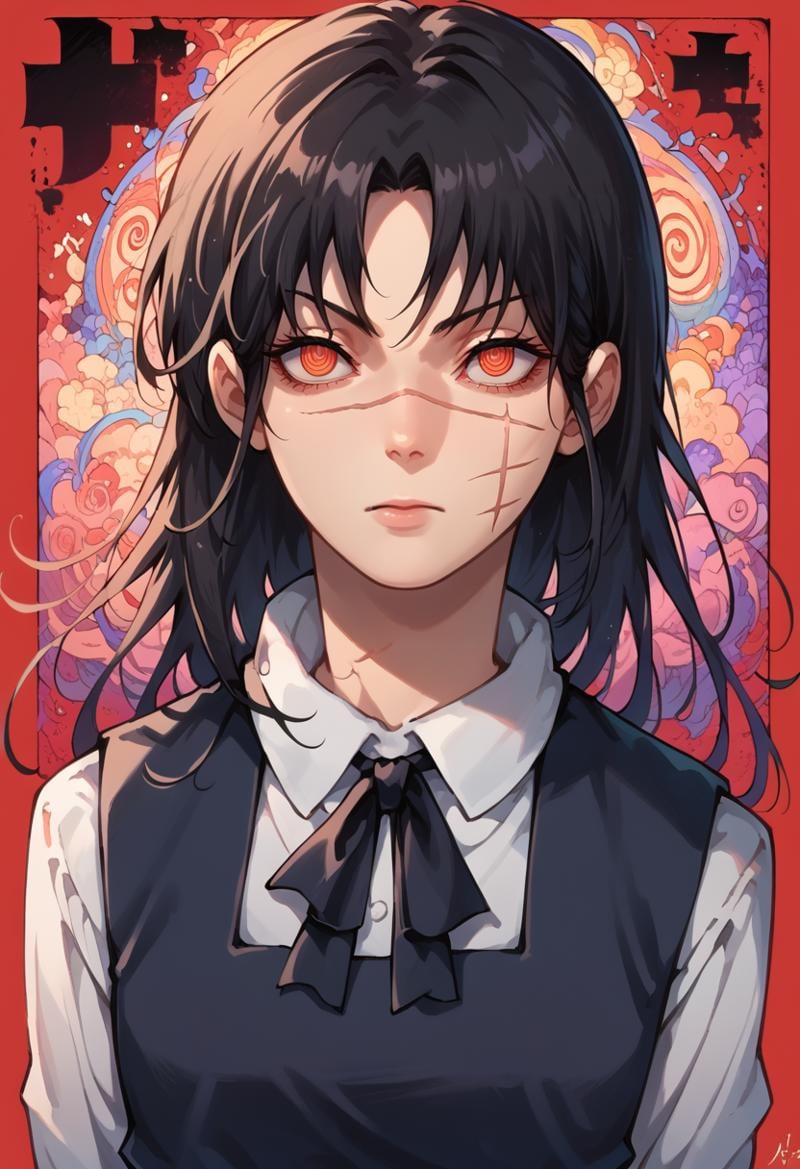 score_9, score_9_up, score_8_up, Expressiveh, raw, gorgeous, pixiv, highres, highly detailed, <lora:Poster:1>, poster, manga cover, emotionless, <lora:Yoruv4:1>, yoru, scar on face, red eyes, ringed eyes, black hair, long hair, black ribbon, black pinafore dress