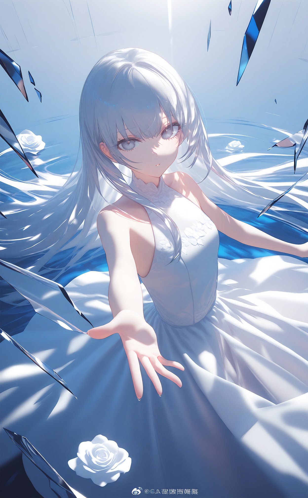 masterpiece,1girl,solo,long hair,dress,looking at viewer,white eyes,glass,grey eyes,white dress,white hair,broken glass,flower,white theme,bare shoulders,blue theme,dress flower,glass shards,white flower,reaching,reaching towards viewer,water,parted lips,closed mouth,sleeveless,reflection,sleeveless dress,white rose,watermark,expressionless,