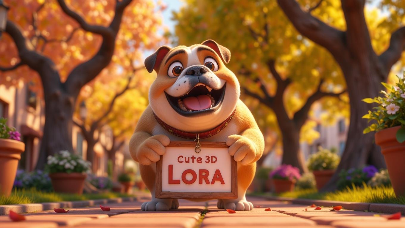 Anthropomorphic cute bulldog  holding a sign with the text "Cute 3D Lora". In a park  <lora:Cute_3d_Cartoon_Flux:0.8>