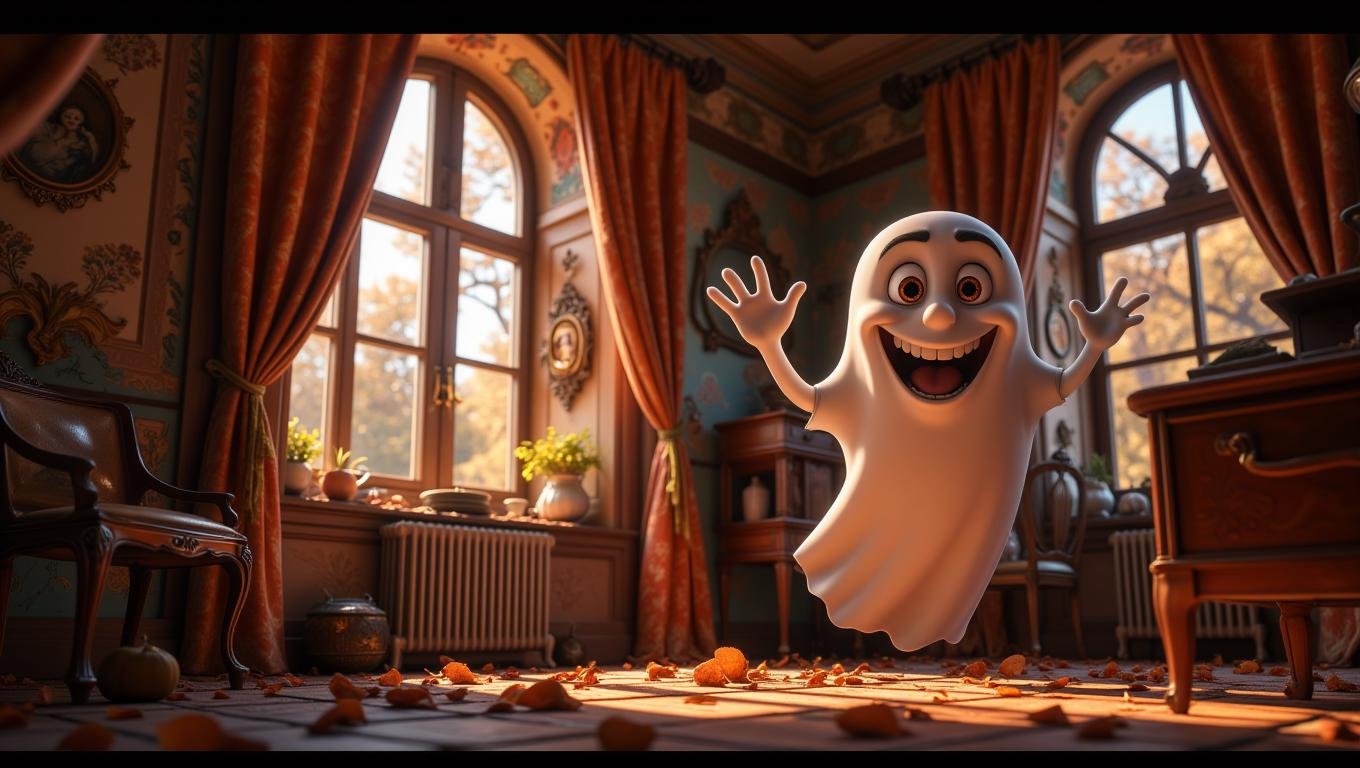 A transparent, cheerful ghost is floating through the rooms of an old, charmingly decrepit mansion. The ghost is smiling widely as it reaches out to playfully tug on the curtains of a dusty, forgotten room. Sunlight filters through the windows, casting a warm glow on the antique furniture. The atmosphere is spooky yet lighthearted, as if the ghost is more of a mischievous companion than a frightening specter.  <lora:Cute_3d_Cartoon_Flux:0.6>