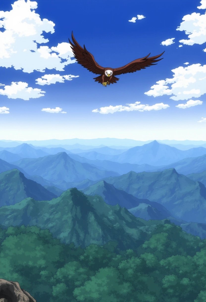 A graceful eagle soaring through the sky over a vast mountain range. Its wings are spread wide, gliding effortlessly through the air as the mountains and forests stretch out below in an awe-inspiring landscape. boku_no_hero_academia_style