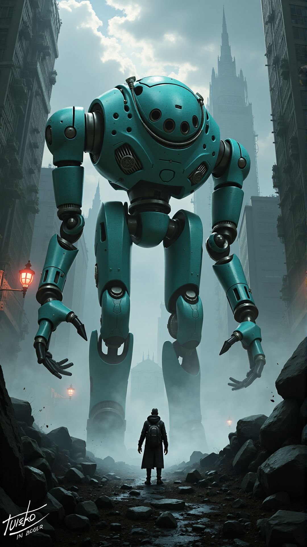 A rogue AI building a robot army in the ruins of a once-thriving human metropolis. ,<lora:aidmaDarkFantasy:0.81><lora:aidmaDarkFantasy-FLUX-rapid-V0.1:0.51> aidmaDarkfantasy , character, scene, 